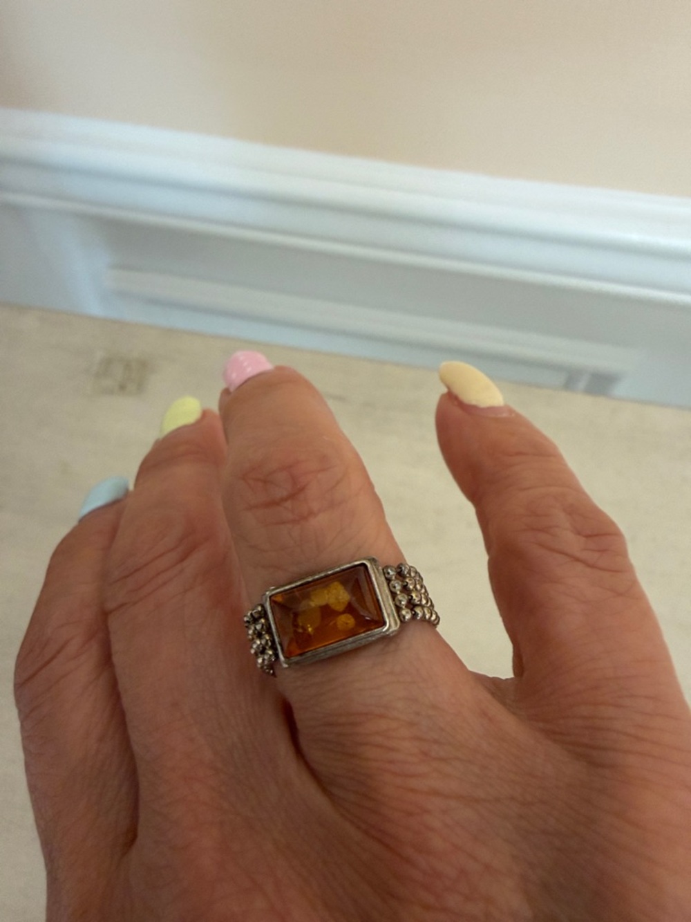 Sterling Silver Amber-Accent Beaded Ring